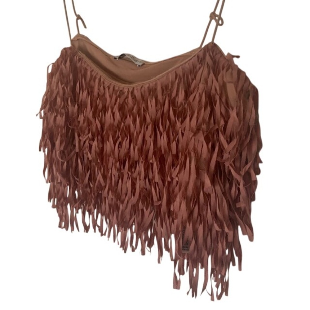 Zara Fringe Crop Tank Top S Boho Chic Western Cowgirl Rodeo Festival Mauve